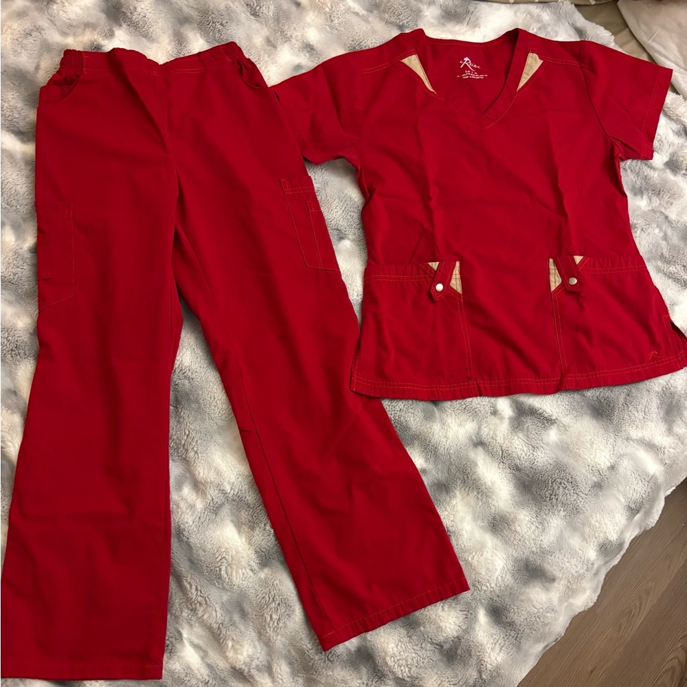 Women's Red Medical Scrub Set - V-Neck Top & Pants